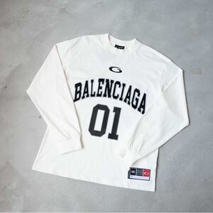 Balenciaga White Long-Sleeve Logo Tee with '01' Graphic